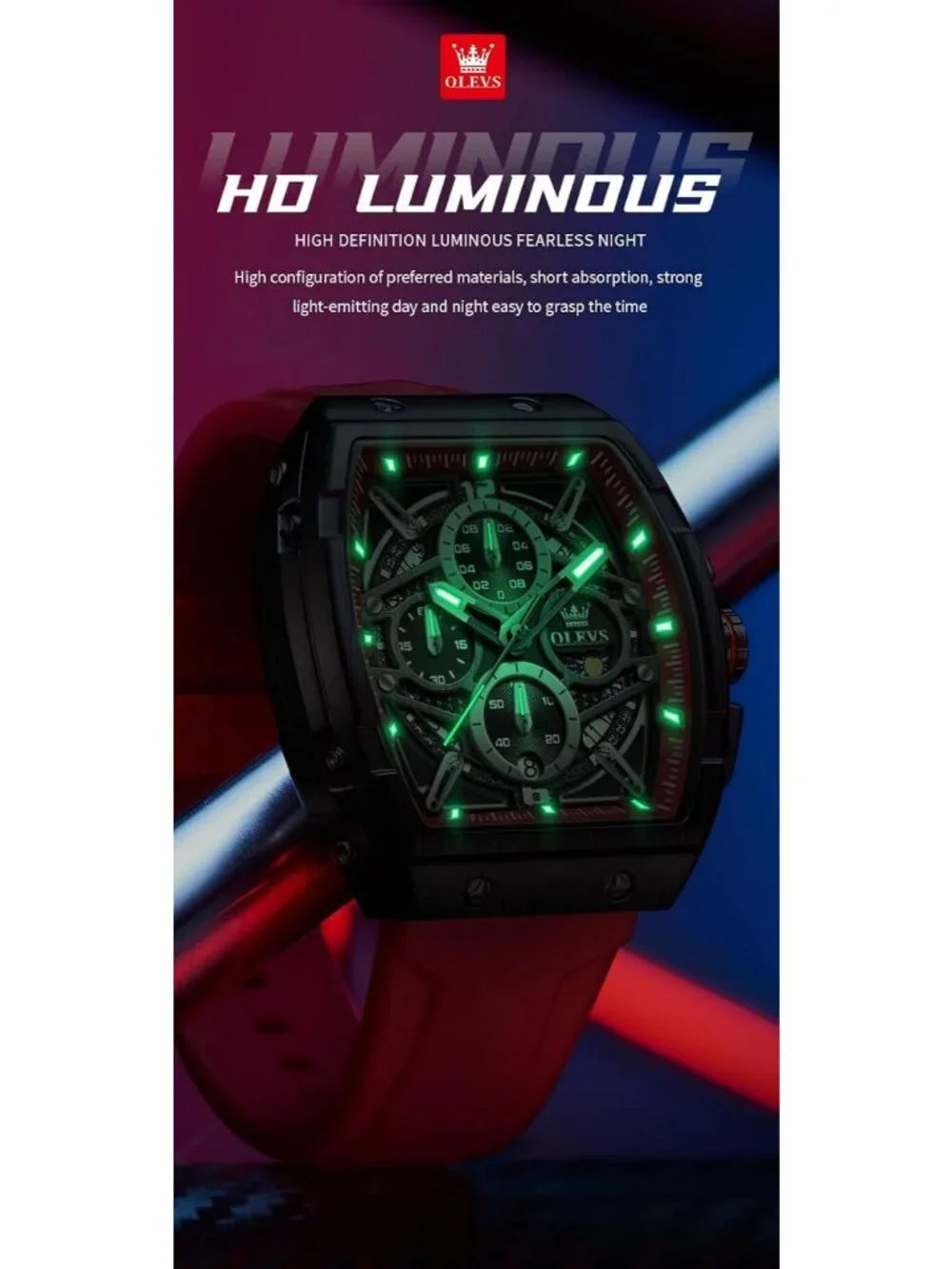 Men's Red Chronograph Big Square Analog Silicone Strap Waterproof Wrist Watch